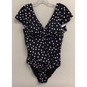 Swim Solutions NWT Flutter Sleeve Black Polka Dot One Piece Swimsuit Size 14